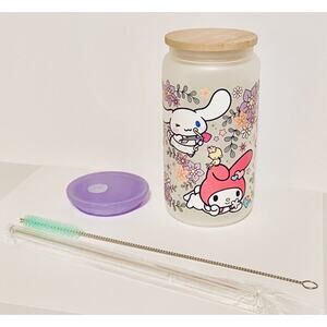 Kawaii Kitty On Frosted Glass Cup 16oz Glass Tumbler/Beer Can & Free Lid!